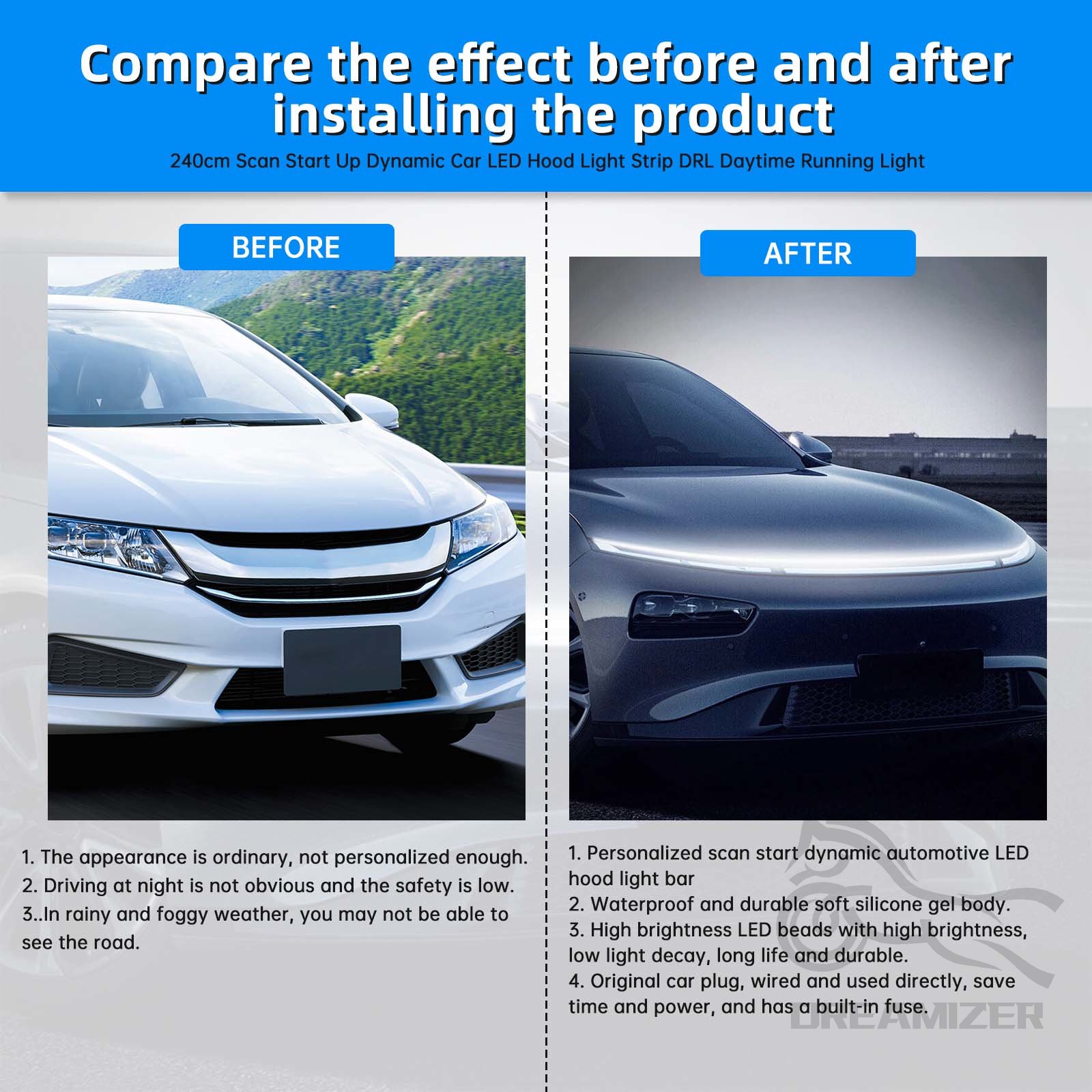 Flexible LED Daytime Running Light Strip – Dynamic Scan Start Up – For Car SUV Hood