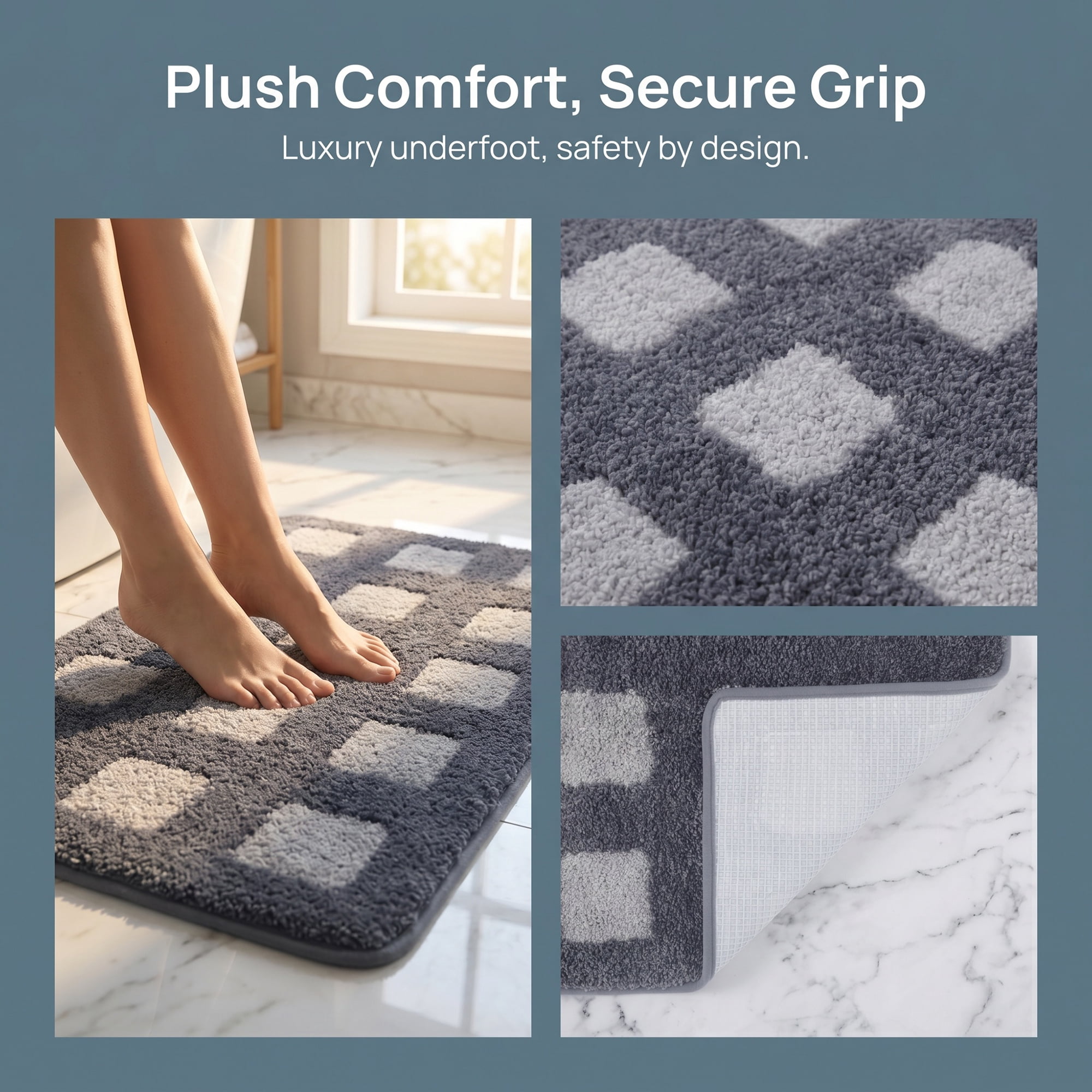 Unique Bargains Absorbent Non Slip Checkered Soft Plush Quick Dry Bath Mat Grey 32" x 20"