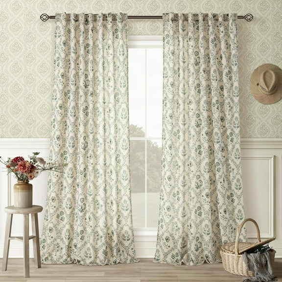 Green Farmhouse Curtains 90 Inch Length for Living Room Spring Light Filtering Back Tab Sage Greyish Green Leaf Flower Patterned Linen Curtains French Country Cottagecore Shabby Chic Floral Drapes