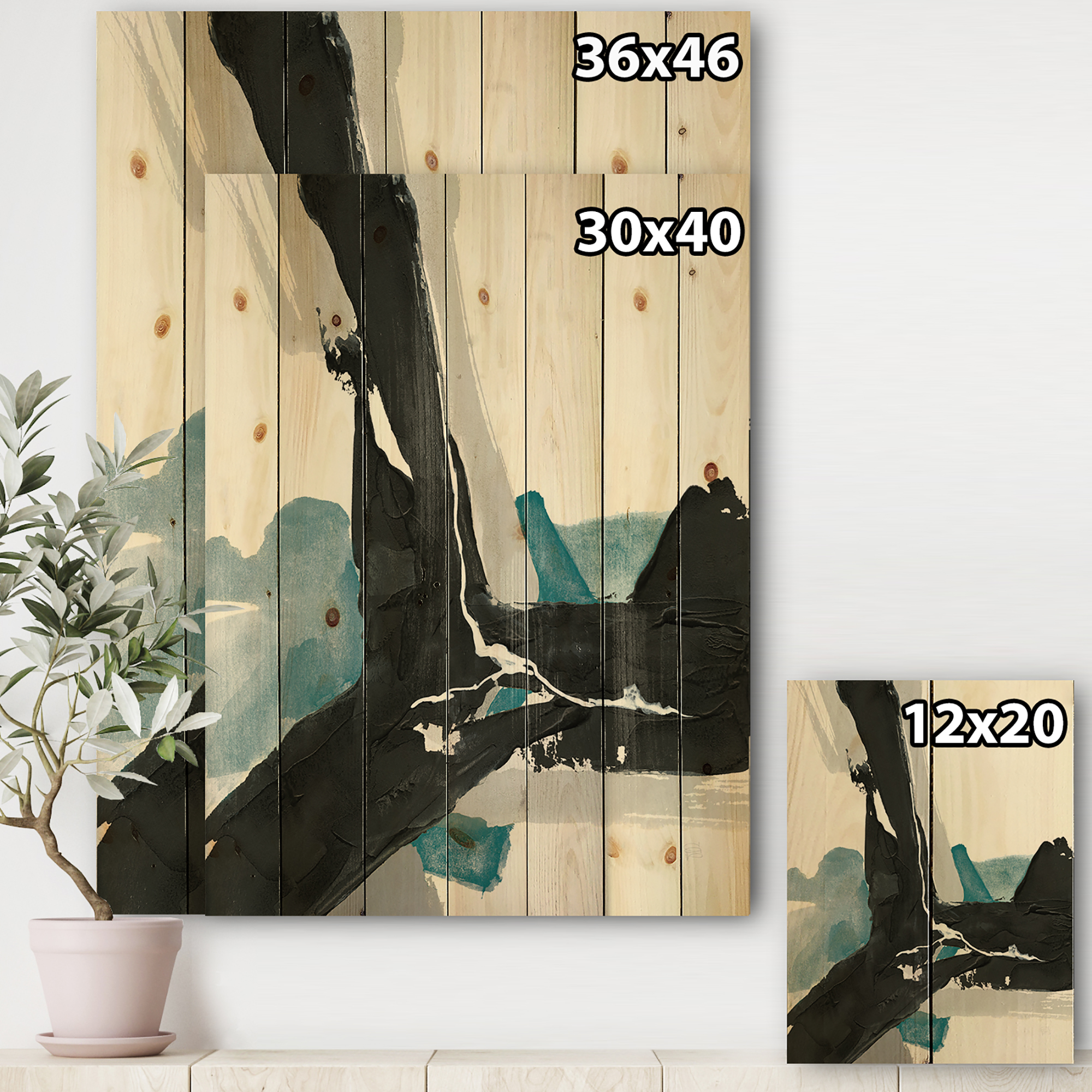 Designart 'Geometric Black and Teal III' Modern & Contemporary Print on Natural Pine Wood