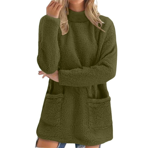 Ahdbta Womens Sherpa Fleece Pullover Mock Turtleneck Crewneck Fuzzy Sweatshirts Winter Warm Loungewear Tunic Tops with Pockets