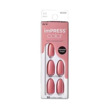 KISS imPRESS No Glue Needed Press On Nails, Color, Sweet Aroma, Pink, Medium Almond, 30 Count