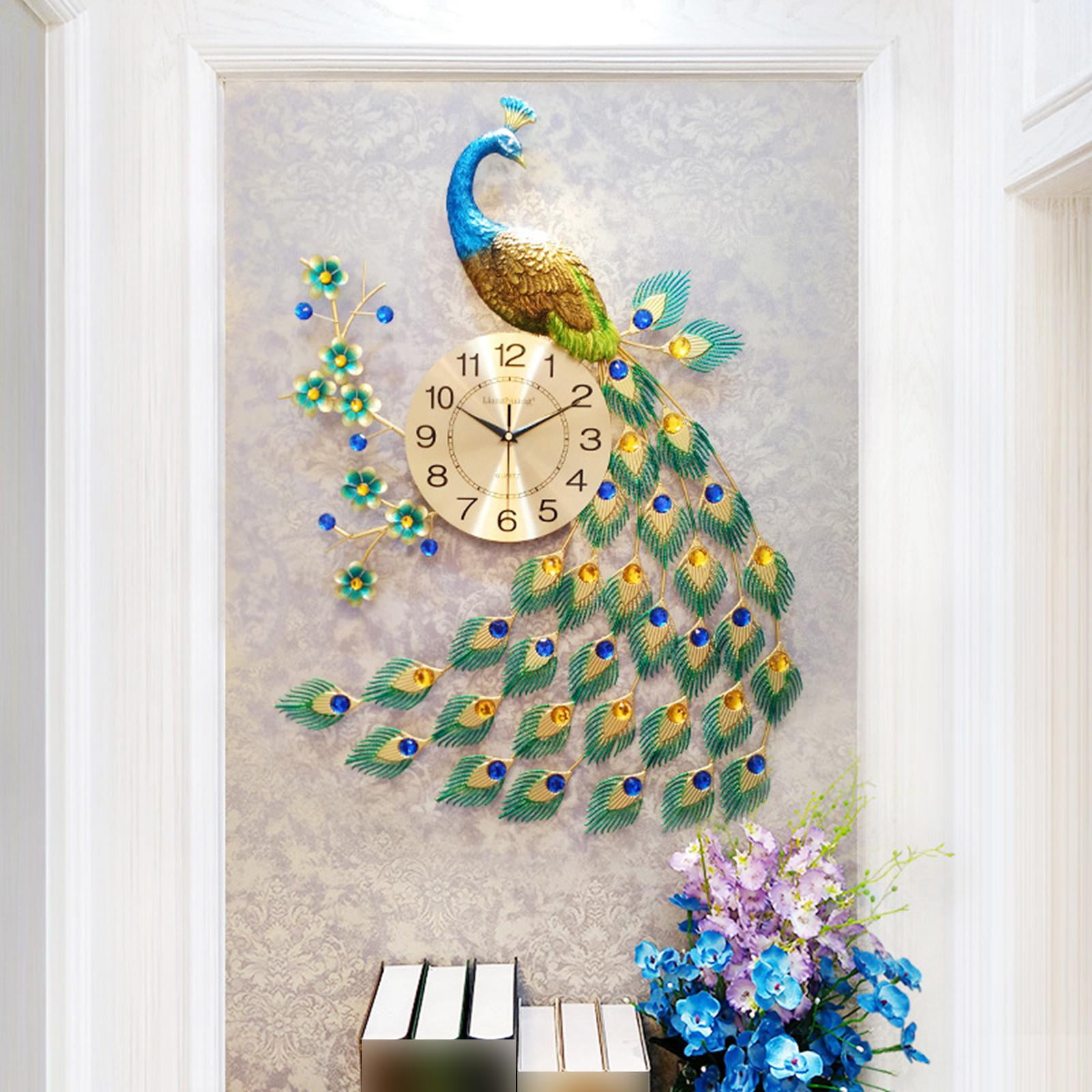 Modern Wall Clock, Metal Dial 3D Peacock Shaped Silent Wall