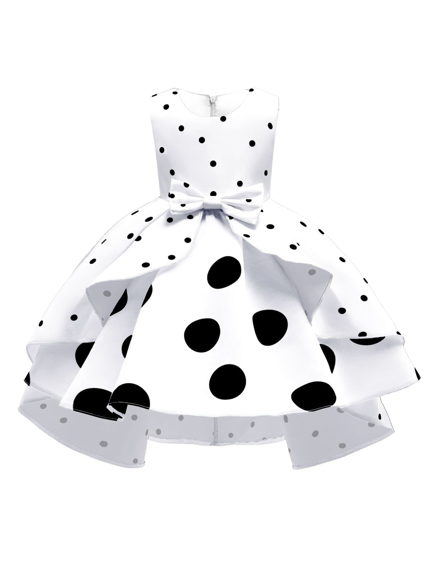 Girls Vintage Polka Dot Bow Belted Dress for Kids Party Princess Tutu Skirt Gown 
