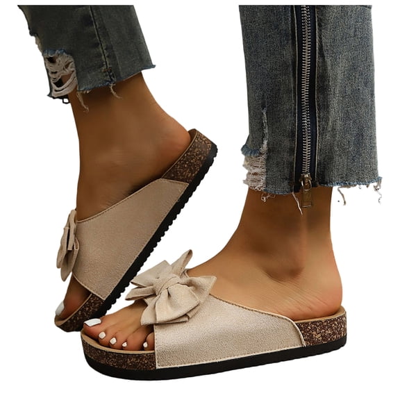Rokment Womens Bowknot Cork Footbed Slip on Slides Sandals Beach Casual Suede Open Toe Platform Dress Slippers Comfortable Wide Width Walking Flat Summer Beige Size 6.5