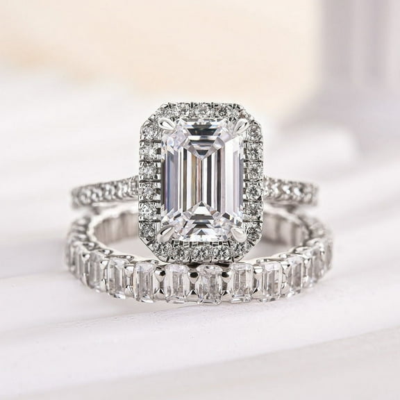 Eloya Jewel Emerald Cut Lab Created Diamond Engagement Ring Set - 1.9 Ct Halo Design in 14K White Gold Plated - Wedding Ring Set with Eternity Band