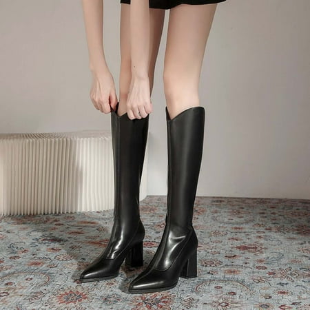 

Zunfeo Women Faux Leather Boots- Middle Heeled Casual Knight Boots Fashion Warm Solid Pointy Toe Boots Christmas Gifts Clearance Black 4.5