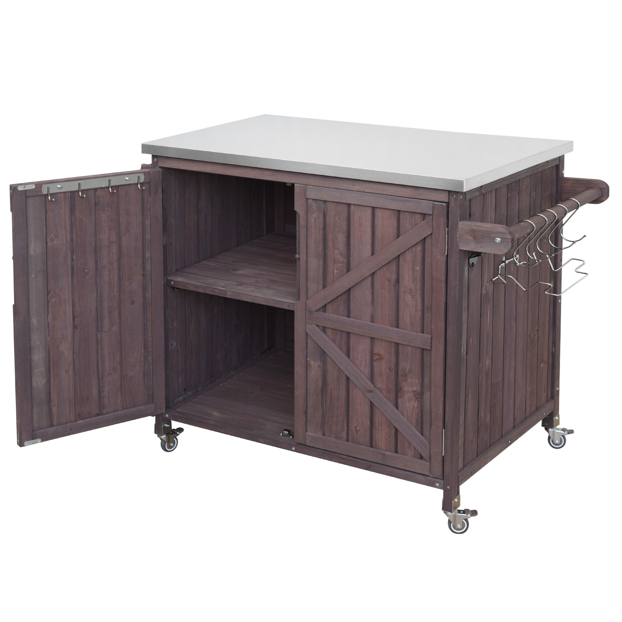 AENKYO 42" Outdoor Kitchen Island, Rolling Grill Cart with Stainless Steel Top, BBQ Prep Table with Cabinet, Brown