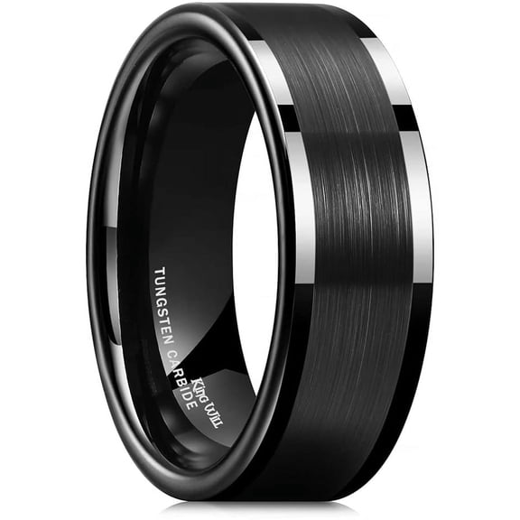 King Will 8mm Mens Brushed Tungsten Carbide Wedding Band Black Pipe Cut Ring Brushed Matte Finish Polished Edge Comfort Fit Size 10