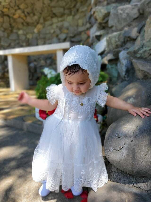 Handmade Applique Infant 0-24 Months 2PCs with Bonnet Baptism Dress Christening 