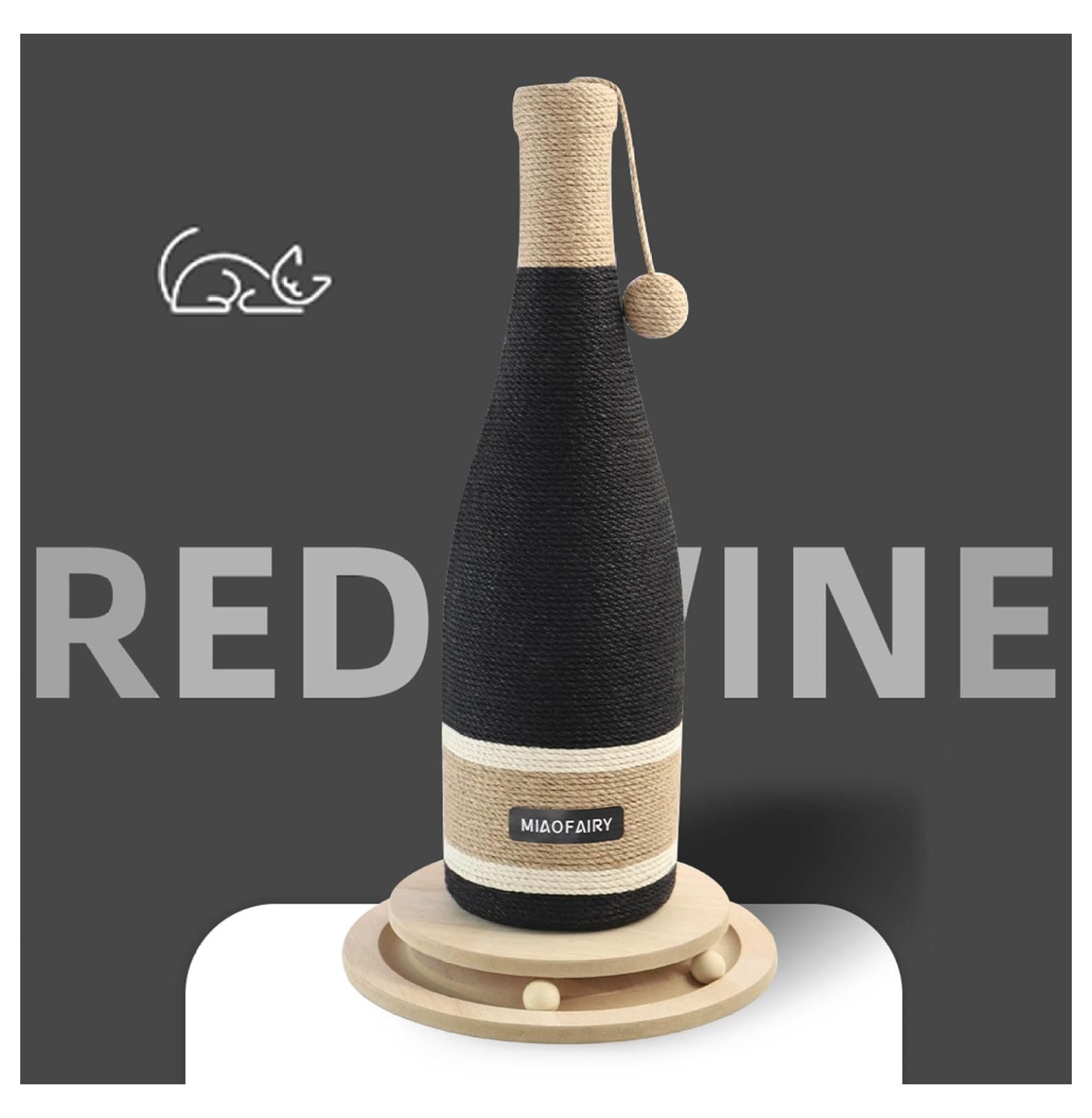 Cat Scratching Post, Premium Cat Scratching Board, Sisal Fiber Cat Scratcher-24.8 Inches with Hanging Ball, Red Wine Bottle Simple Design-Suitable Indoor Small and Medium Cats (24.8 in, Wooden Base)