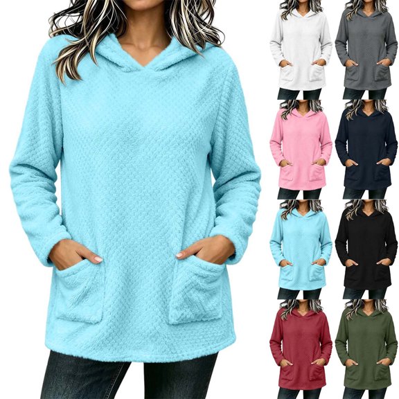 Miqool Womens Fleece Lined Hoodies Fall Winter Long Sleeve Pullover Tops Loose Fit Hooded Sweatshirt with Front Pockets