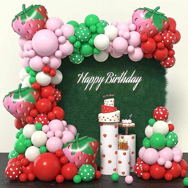 BR Decoración de fiesta de fresas: Conjunto de corona de globos de cumpleaños para niña