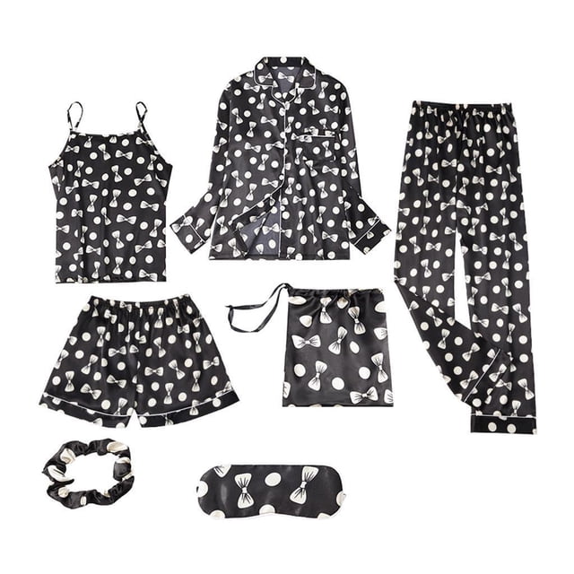 Conjunto de de para mujer de 7 piezas, camiso, pantalones, pantalones cortos, banda para el cabello, máscara para los ojos, L Soledad Pijama de satén de seda para mujer Inicio
