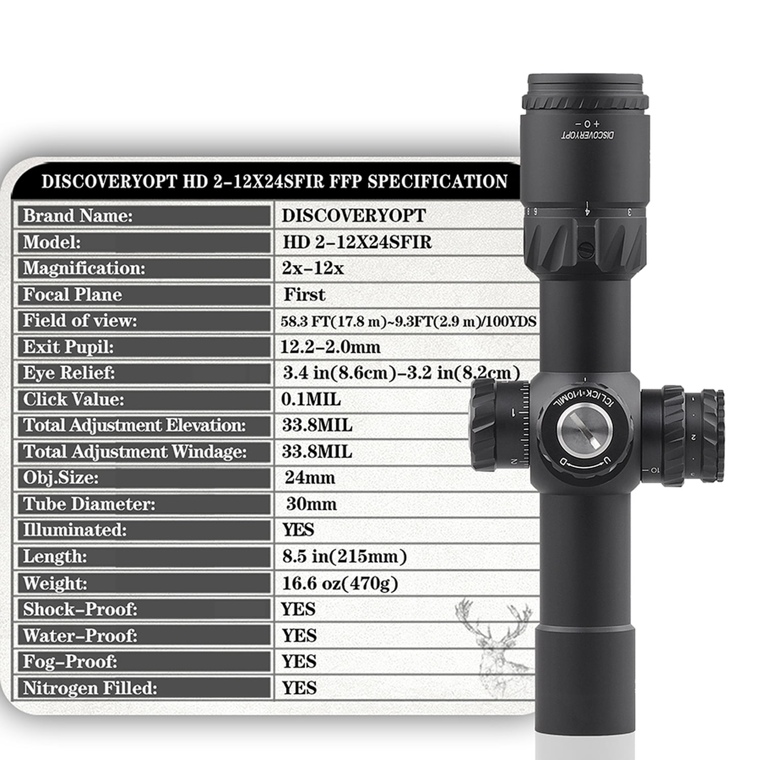 DISCOVERYOPT HD 2-12X24 Hunting Riflescope FFP Side Focus Illuminated Reticle 30mm Tube Optics Scope