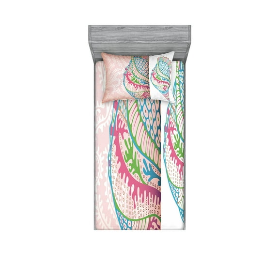 Ambesonne Ocean Fitted Sheet & Pillow Sham Set, Seashells Ornate Vivid, Twinxl, Pink Blue Green