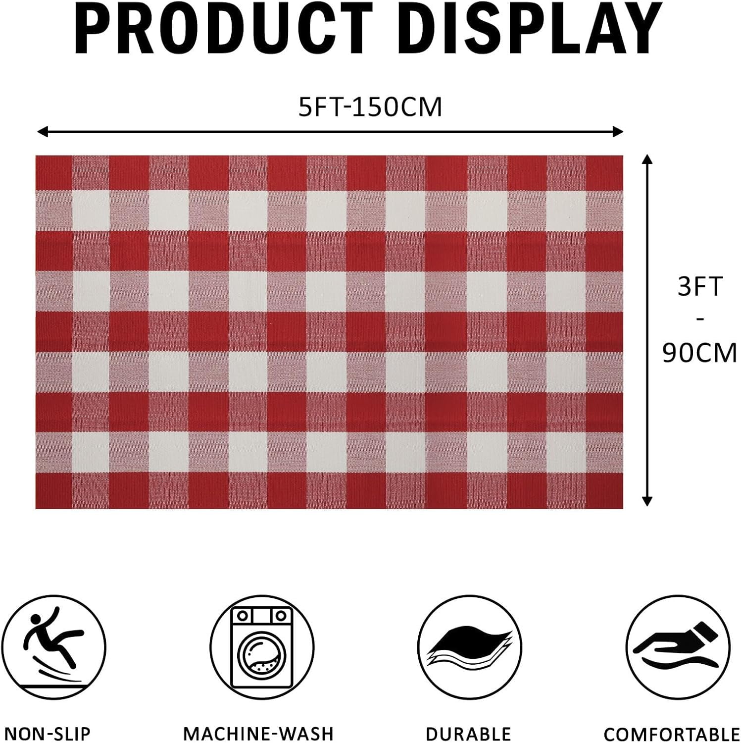 AllWays Plaza Cotton Buffalo Plaid Rug 3'x5' Red and White Checked Rug Washable Doormats Indoor Outdoor Rugs for Layered Front Door Mats, Porch, Kitchen, Farmhouse, Entryway