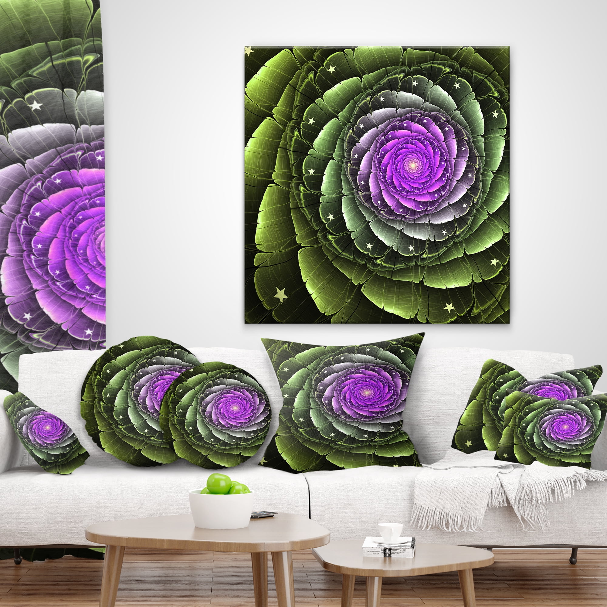 Designart Lush Green and Purple Fractal Flower - Floral Throw Pillow - 18x18