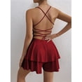 thumbnail image 6 of Women'S Tie Back Spaghetti Strap Mini Dress Tiered Ruffle Fit and Flared A Line Cute Short Party Dress Wine Red L, 6 of 7