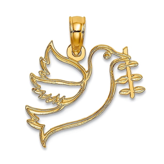 17mm 10k Solid Yellow Gold Cut-out Dove With Olive Branch Charm Pendant Necklace for Women