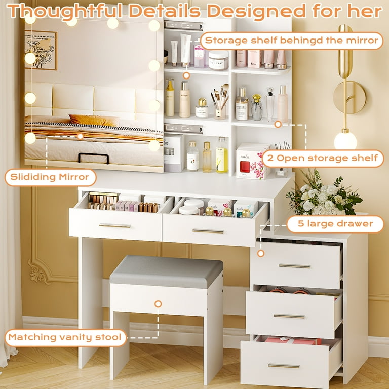 Ktaxon Lighted Vanity Desk, White Dressing Table with Sliding Mirror, Drawers and Shelves, 43.3""x15.7""x55.1" - Walmart.com Ktaxon Lighted Vanity Desk, White Dressing Table with Sliding Mirror, Drawers and Shelves, 43.3""x15.7""x55.1" - Walmart.com