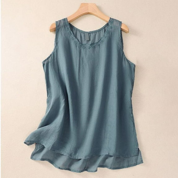 Womens Tank Tops Plus Size under $5 Sleeveless V-neck Cotton Linen Lace Strap Summer Solid Color Casual T-shirt Blue M