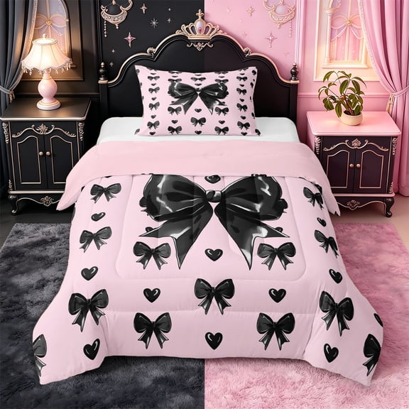 Erosebridal Purple Bow Tie Twin Comforter Sets For Girls,3D Cartoon Heart Print Kids Bedding Set,Pink Reversible,2-Piece