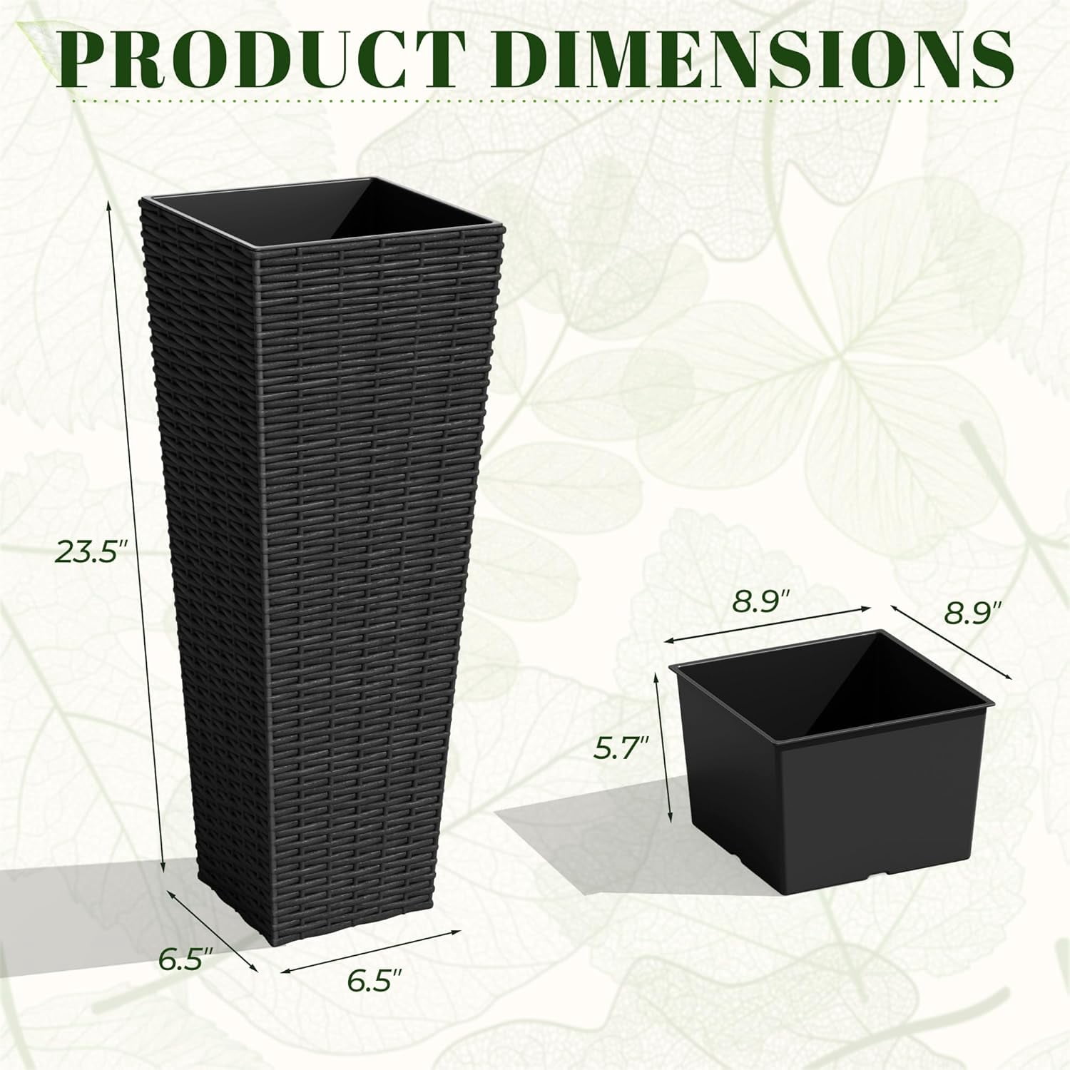 YounGG Lane Set of 2 Resin Rattan Tall Planters for Outdoor Plants, Large Tapered Planters with Drainage Holes&Inner Trays, Flower Pots for Garden, Patio, Porch, Backyard (Black, 24'')