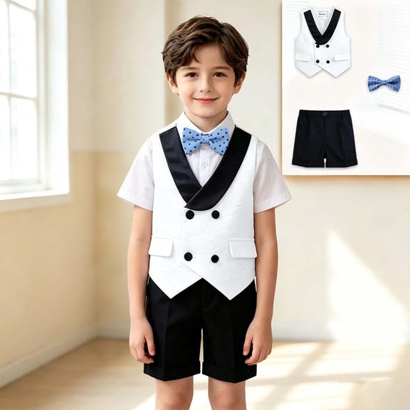 Glisme Back To School Outfits For Boys Crewneck Vest Tops Pants Long Sleeve Cartoon Pattern Formal Suit Fashion Little Boys Clothes White