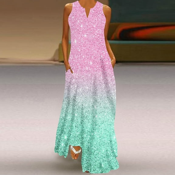 Wycnly Summer Dresses for Women Formal Dresses for Women Beach Loose Pocket Tank Long Sundresses Ladies Trendy Sequin V-Neck Sleeveless Maxi Sundress