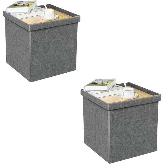 PINPLUS 15 inches Folding Storage Ottoman with Lid Tray,Coffee Table,Foot Rest, Ottoman Cube Chair Stool Storage Toy Chest for Living Room,Bedroom,(Set of 2 Grey)