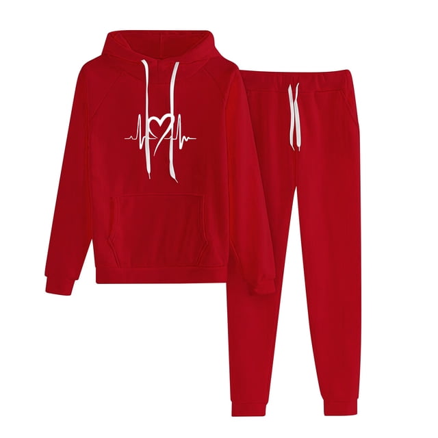 Besolor Womens Tracksuit 2 Piece Outfits Workout Sets Heart Printed Long Sleeve Hooded Sweatshirt Jogger Pant Matching Set