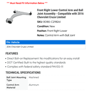 Front Right Lower Control Arm and Ball Joint Assembly - Compatible with 2016 Chevy Cruze Limited