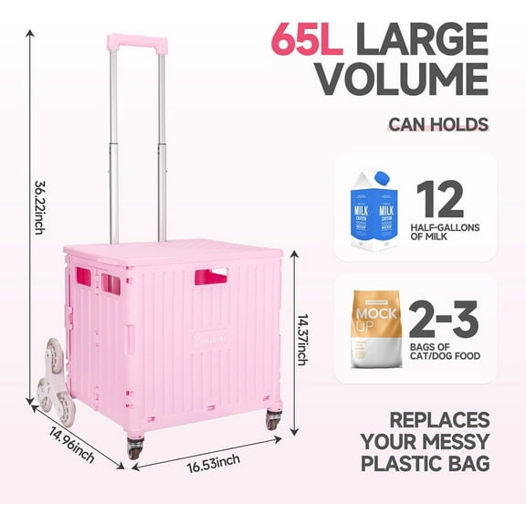 Foldable Rolling Cart for Stair Climbing - Pink, 65L Capacity, Heavy Duty Utility Cart for Grocery, Office, and Travel