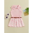 thumbnail image 6 of Elippeo Toddler Girl Summer Outfit 6 12 18 24 Months 3 4 Years Solid Color Ribbed Sleeveless Tank Tops and Daisy Print Pleated Skirts with Belt 2Pcs Clothes Set, 6 of 10