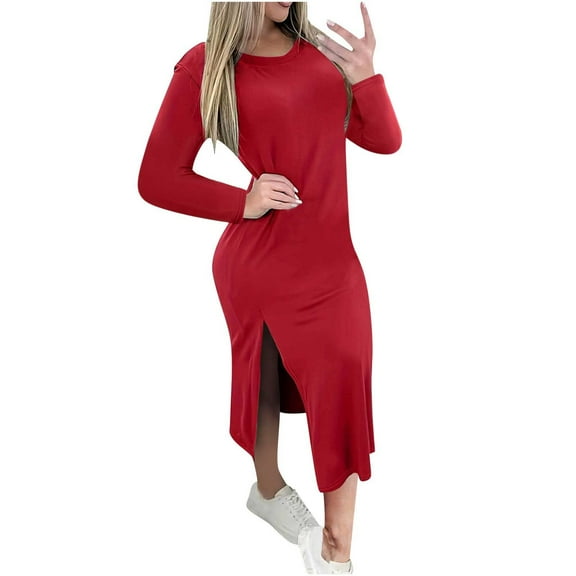biudgviw Midi Dresses for Women Fall Slim Soft Crewneck Long Sleeve T-Shirts Dress Loose High Slit Solid Color Dress