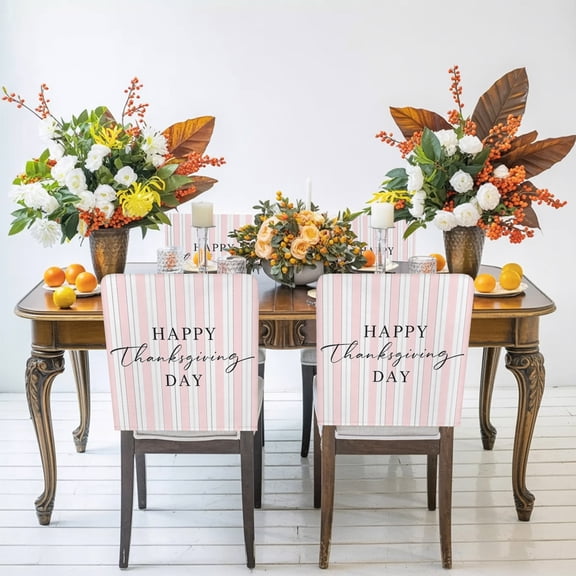 Happy Thanksgiving Chair Back Covers Set of 2, Rustic Script Striped Background Soft Pink Stretch Dining Chair Back Slipcovers Removable Seat Cover for Kitchen Restaurant Hotel Cafe