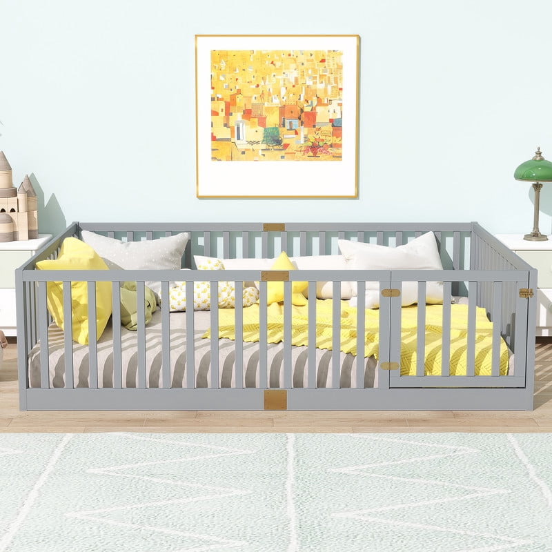 Mirightone Full Size Floor Bed, Wood Montessori Floor Beds with High Fence Railings, Door & Slats Support, Full Playhouse Bed Frame, No Box Spring Needed, Grey