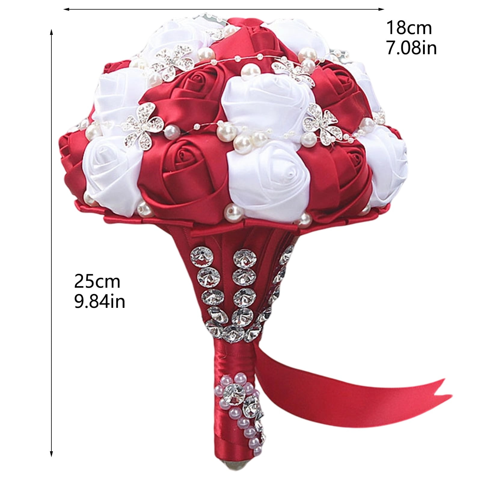 Royal Bridal Bouquet Handmade with Satin Roses & Pearls - Wedding Bouquet Holder for Bride and Bridesmaids, Rhinestone Wedding Flower Arrangements in Ivory White