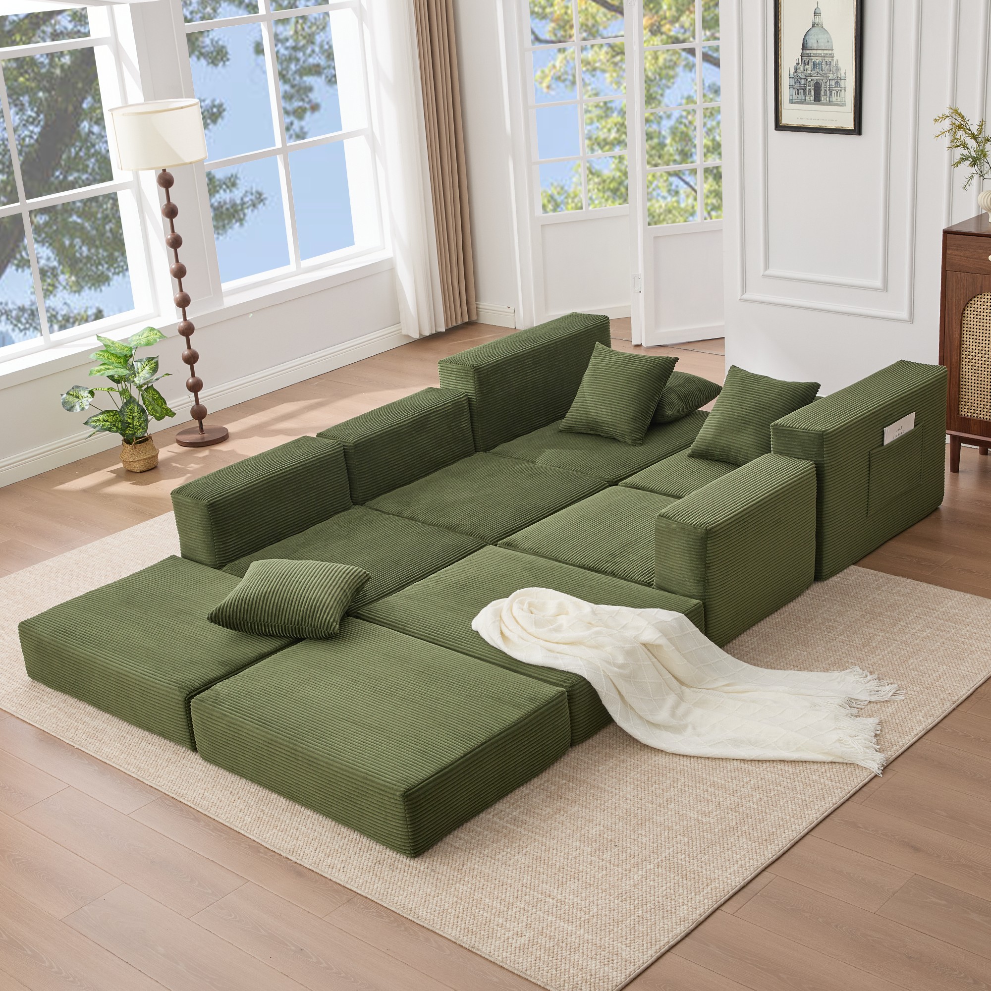 Leumius Convertible Sectional Sofa,Corner Couch,Convertible Floor Sleeper Sofa,10-in-1 Corduroy Modular Sofa,Free Combination Sofa,No Assembly,6 Pillows,Green