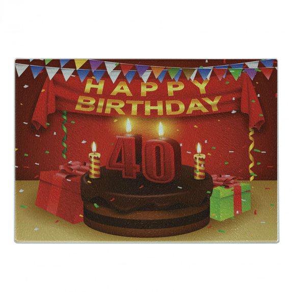 40th Birthday Cutting Board, Party Set up with the Flags Chocolate Cake Ribbons and Rain Print, Decorative Tempered Glass Cutting and Serving Board, Small Size, Multicolor, by Ambesonne
