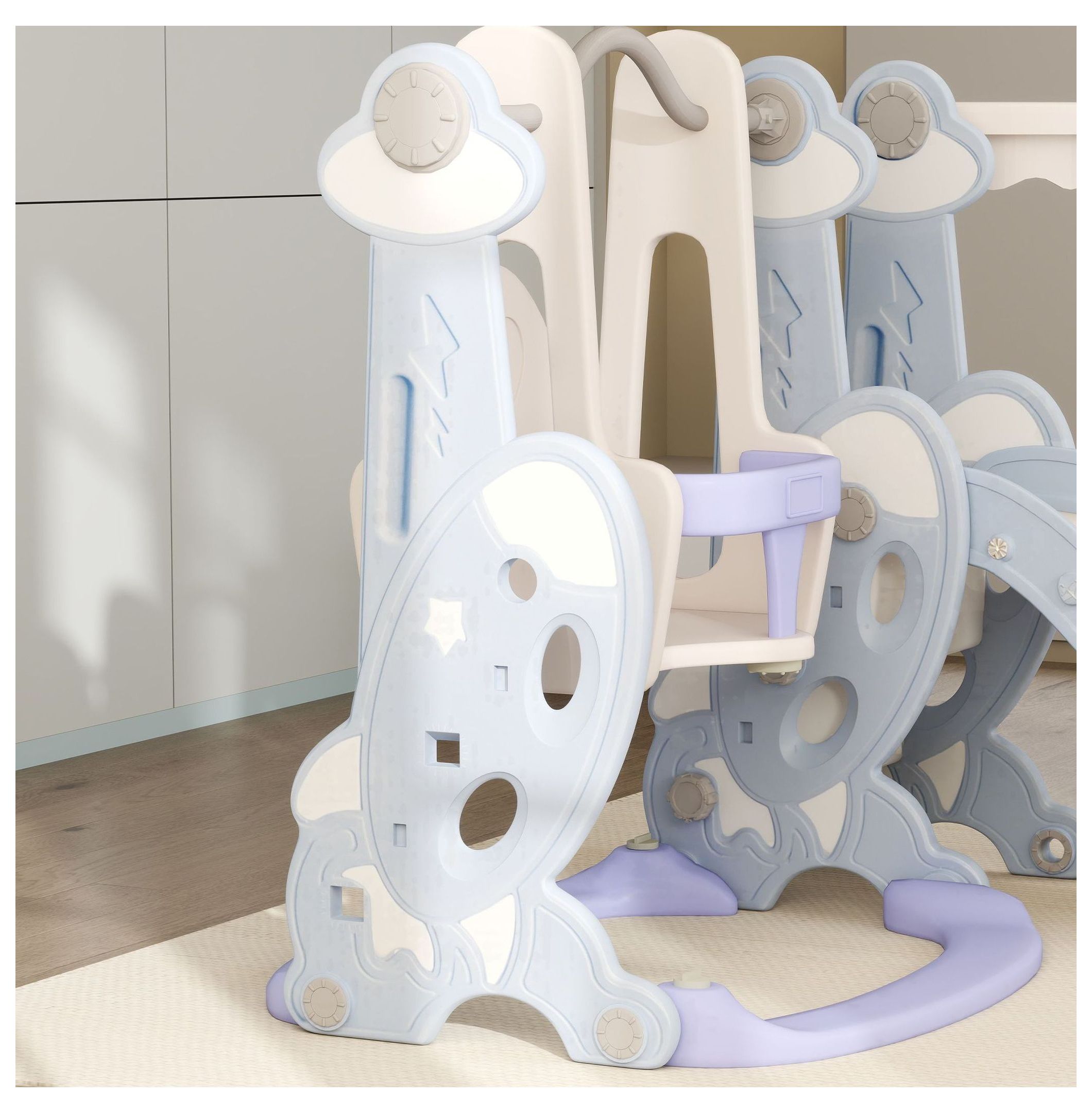Toddler 4-in-1 Swing Set & Slide - Indoor Playground for 1.5-4 Year Olds - Light Blue - Rocket Design with Climber & Basketball Hoop
