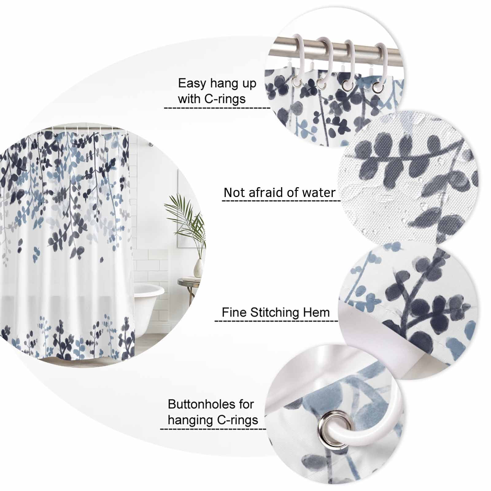 Navy Blue Leaves Shower Curtain, Waterproof Shower Curtains for Bathroom, Summer Botanical Washable Fabric Bathtub Curtain Set Bath Decor with 12 Hooks 48"x72"