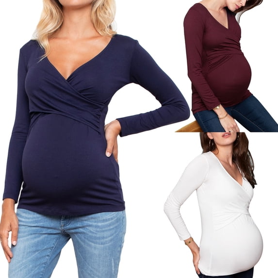 Tejiojio Maternity/Labor/Nursing Clothing Clearance Women Pregnant Nusring Maternity V-Neck Long Sleeve Tops Solid Ruffle Blouse Top