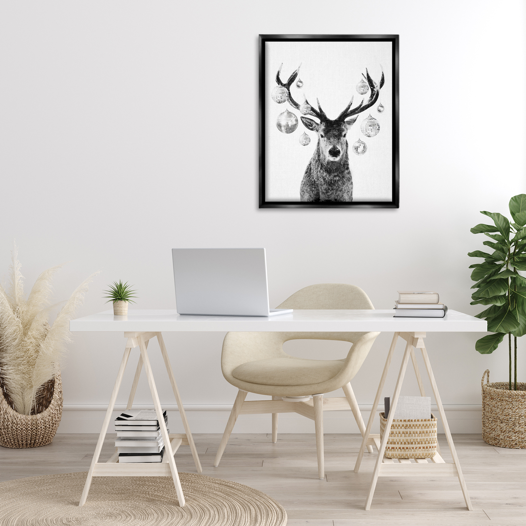 Stupell Industries Deer with Disco Balls Animals & Insects Painting Black Floater Framed Canvas Art Print Wall Art, 25 x 31