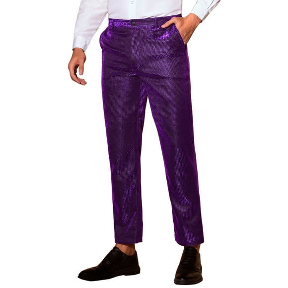 INSPIRE CHIC Glitter Pants for Men's 70s Disco Metallic Trousers Straight Leg Party Sequin Pants 30 Purple