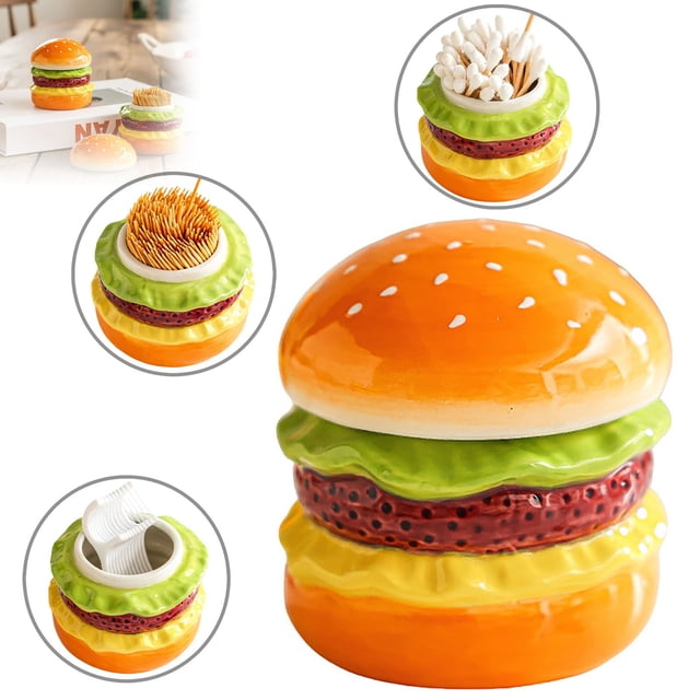 Cute Hamburger Toothpick Holder With Lid Ceramic Toothpick Dispenser Qtip Pick Holder Cute And ToothpickDispenser For Bathroom Home Counter Canteen Kitchen
