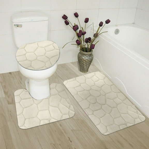 3 Toilet Seat Covers,3 Piece Rock Memory Foam Bathroom Mat Set Flannel Embossed Rug Mat Toilet Lid Cover 19