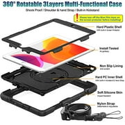 SEYMAC Stock iPad 7th Generation Case, Three Layer Hybrid Drop Protection Case with [360 Rotating Stand] Hand Strap