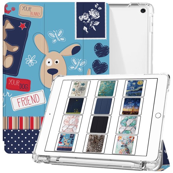iPad 7th 8th 9th Gen 2019 / 2020 / 2021-10.2 Inch [iPad 9 8 7 ] A2602 A2270 A2197 MW762LL/A UltraSlim Printed Auto Sleep/Wake Printed TPU Transparent Cover with Pencil Holder - Puppy Friend